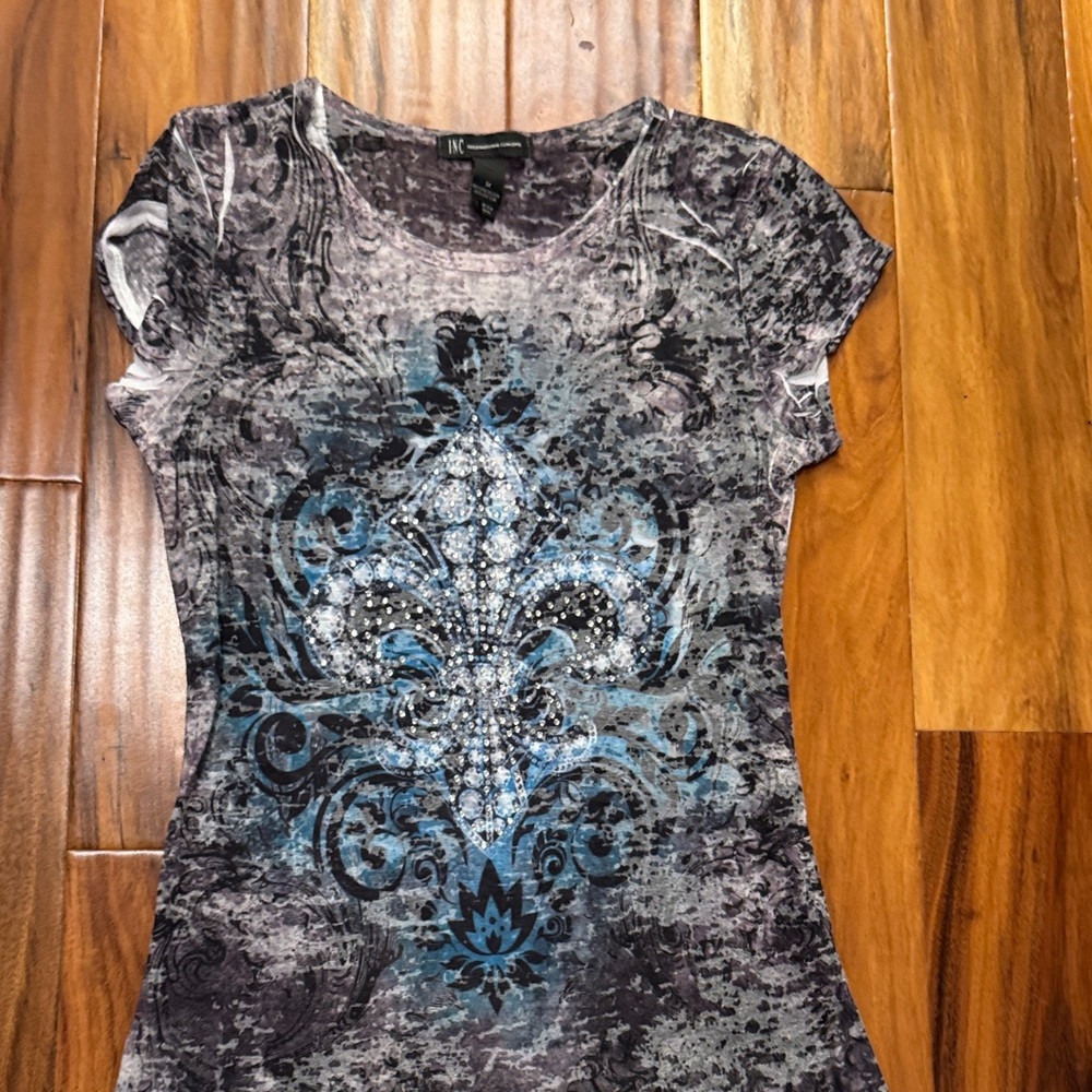 INC International Concepts Gray and Blue Embellished Tee